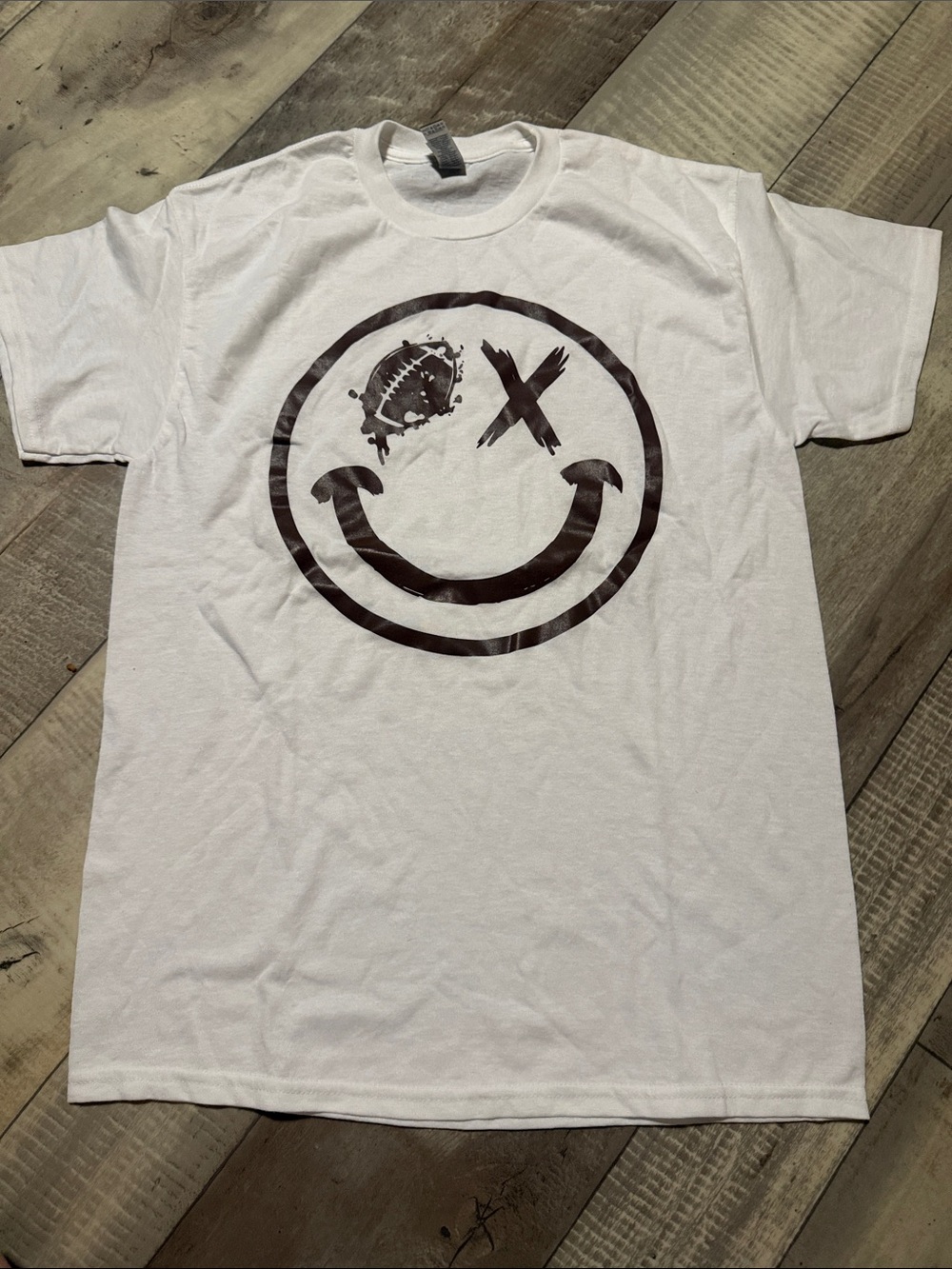 Gildan White Short Sleeve Tee with Black Distressed Smiley Graphic